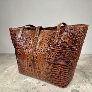 Brahmin All Day Tote Toasted Almond Croc Embossed Leather Large Shoulder Bag